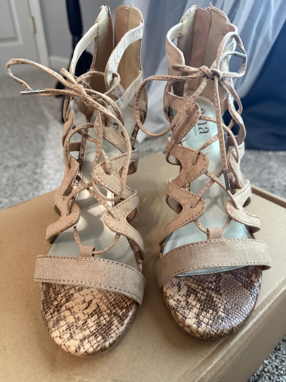 a.n.a Beige Suede Lace-Up Heeled Sandals with Snake-Print Toe